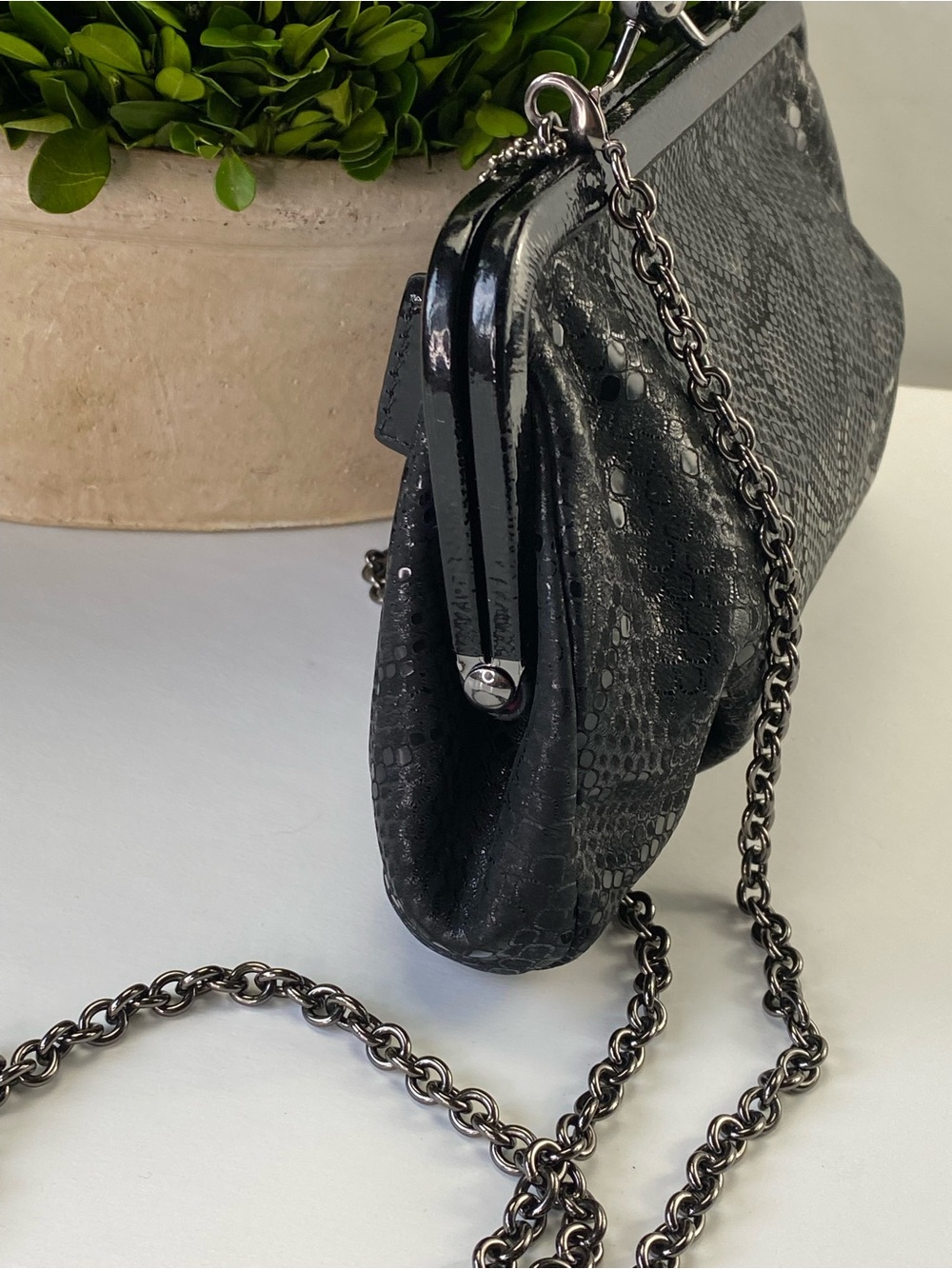 Coach Kisslock Black Python Snake-Textured Frame Clutch Chain Bag - Picture 11 of 15
